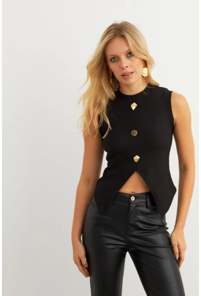 Kadın Siyah Düğme Detaylı Bluz RLO145