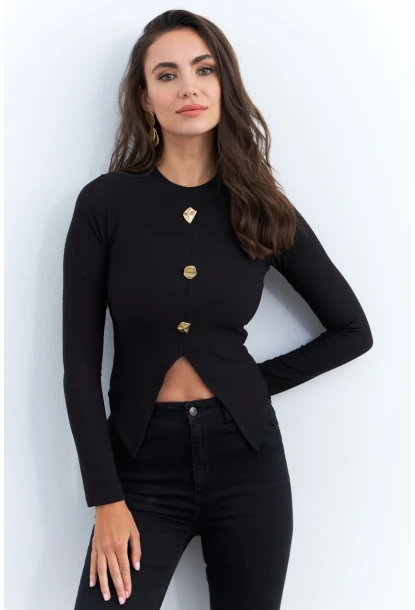 Kadın Siyah Düğme Detaylı Bluz RLO83