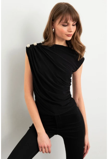 Kadın Siyah Düğme Detaylı Büzgülü Bluz LPP1205-1