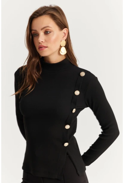 Kadın Siyah Düğme Detaylı Kaşkorse Bluz EY2927