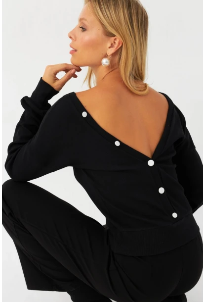 Kadın Siyah Düğme Detaylı Kaşkorse Bluz EY2994