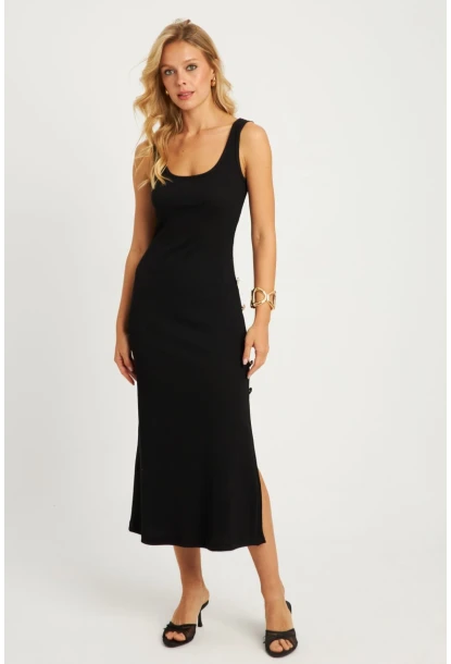 Kadın Siyah Düğme Detaylı Kaşkorse Midi Elbise EY2837