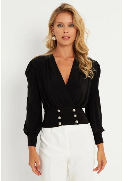Kadın Siyah Düğme Detaylı Kruvaze Bluz ELT3188