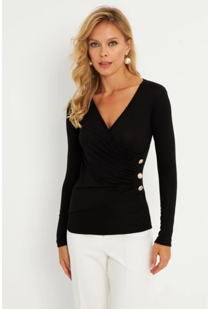 Kadın Siyah Düğme Detaylı Kruvaze Bluz EY2865