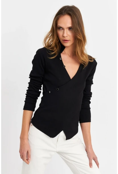 Kadın Siyah Düğme Detaylı Kruvaze Kaşkorse Bluz TF53
