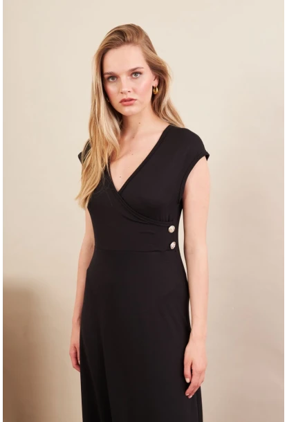 Kadın Siyah Düğme Detaylı Kruvaze Midi Elbise EY0011