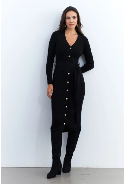 Kadın Siyah Düğme Detaylı Kuşaklı Midi Elbise MŞ1