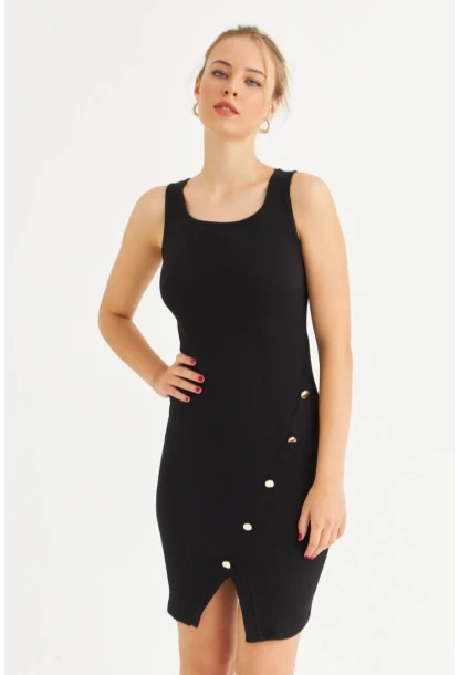 Kadın Siyah Düğme Detaylı Midi Elbise URO1111