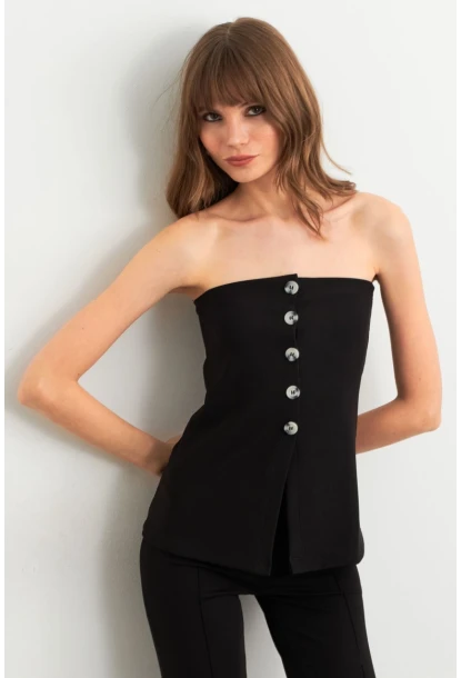 Kadın Siyah Düğme Detaylı Straplez Bluz CY355