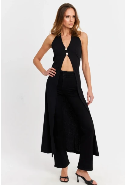 Kadın Siyah Düğme Detaylı Uzun Yelek EY3048