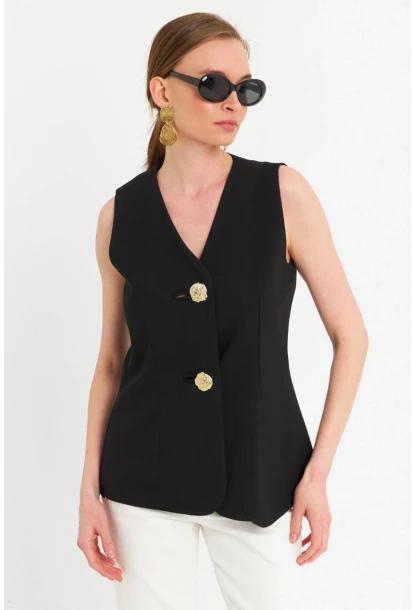 Kadın Siyah Düğme Detaylı Yelek CAR1152