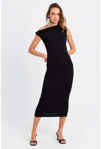 Kadın Siyah Düğümlü Midi Elbise EY3069