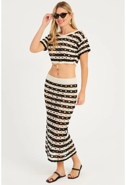 Kadın Siyah-Ekru Ajurlu Alt Üst Takım  MZU600