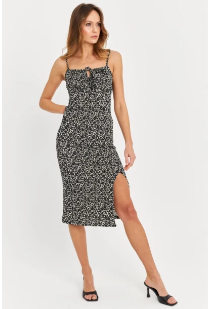 Kadın Siyah-Ekru Askılı Bürümcük Midi Elbise KAB302