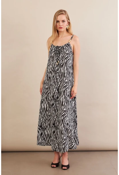 Kadın Siyah-Ekru Boyun Bağlamalı Midi Elbise AN6005