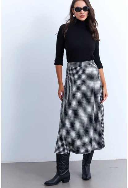 Kadın Siyah-Ekru Desenli Çan Etek LON3007