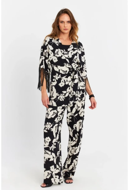 Kadın Siyah-Ekru Desenli Kimono Takım MELT1031