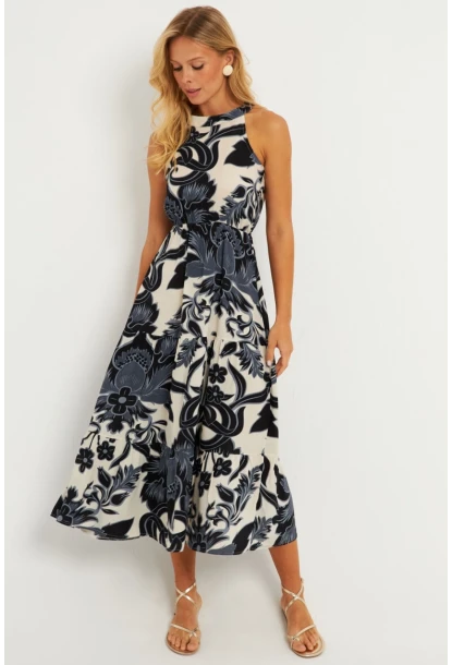Kadın Siyah-Ekru Desenli Midi Elbise YZ1107