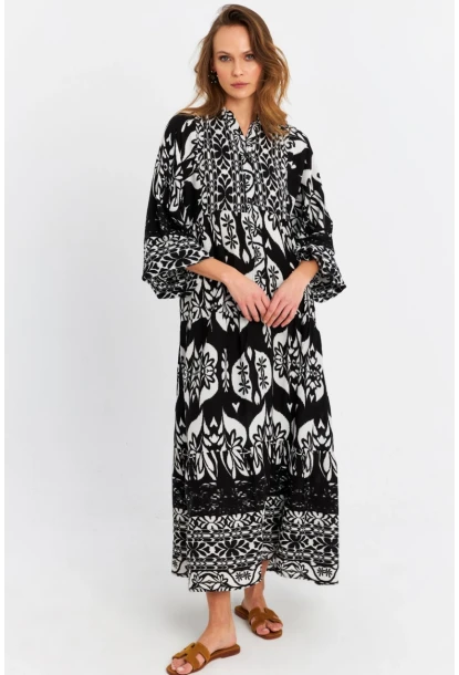 Kadın Siyah-Ekru Desenli Salaş Midi Elbise MALO3002