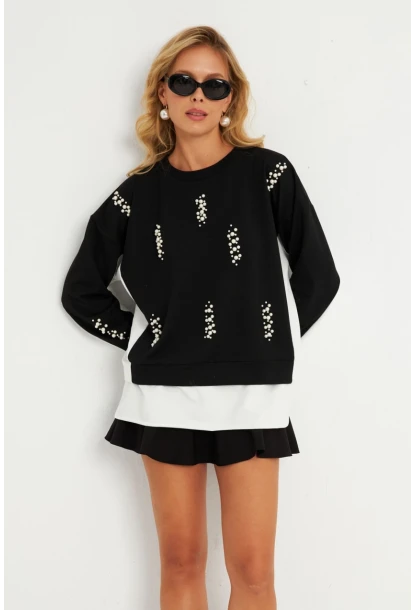 Kadın Siyah-Ekru İncili Sweatshirt RLO01