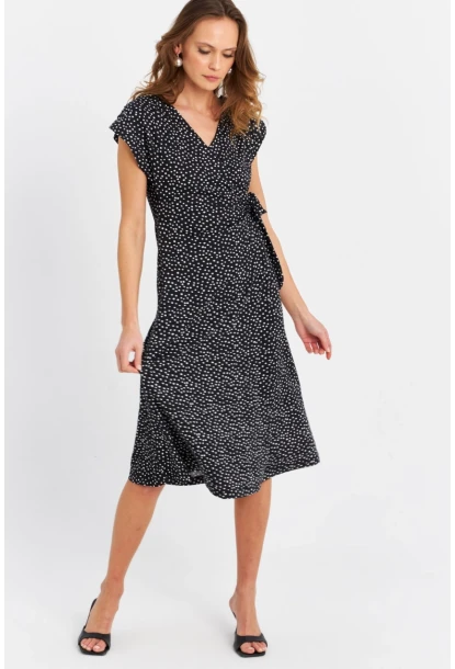 Kadın Siyah-Ekru Kruvaze Puantiyeli Midi Elbise EY3071