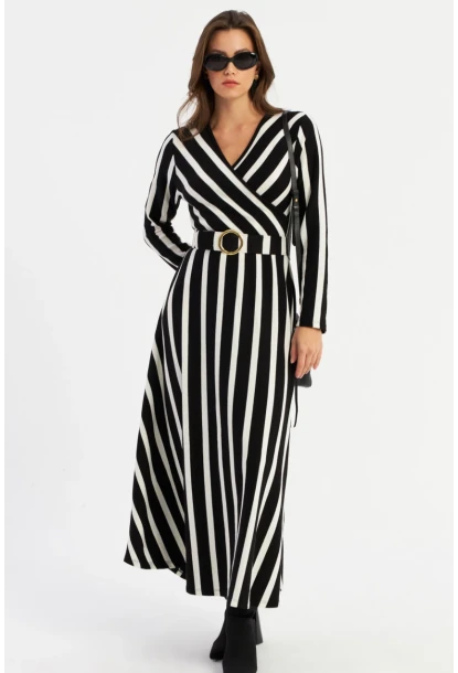 Kadın Siyah-Ekru Kruveze Kemerli Maxi Elbise VTN4