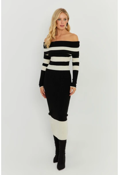 Kadın Siyah-Ekru Madonna Çizgili Triko Midi Elbise KED143