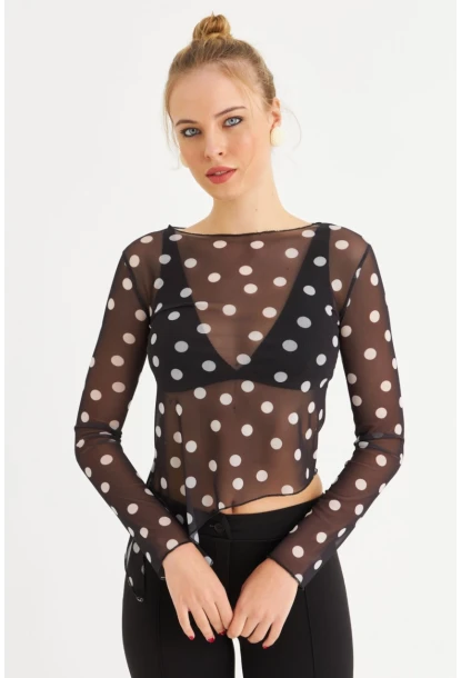 Kadın Siyah-Ekru Puantiyeli Tül Bluz RSP1740