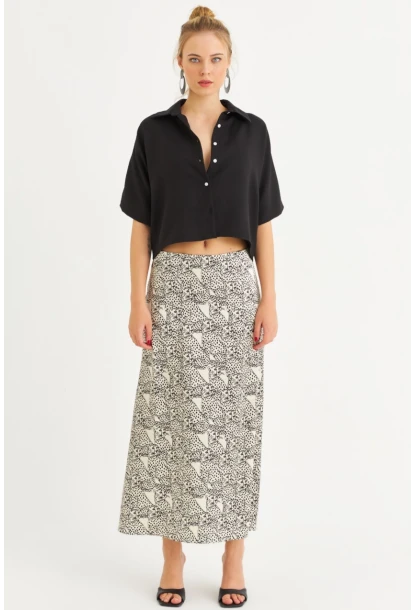 Kadın Siyah-Ekru Saten Midi Etek FİR1970