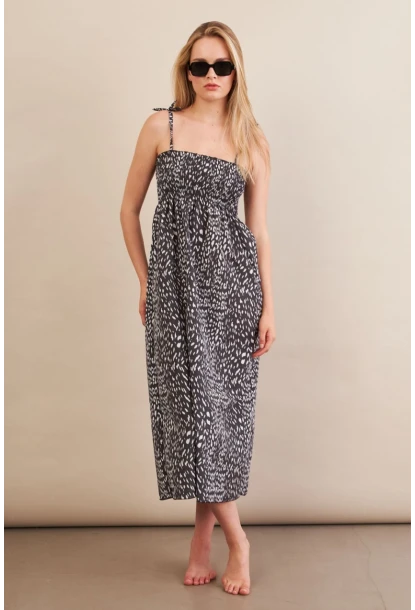 Kadın Siyah-ekru Straplez Çizgili Plaj Elbisesi