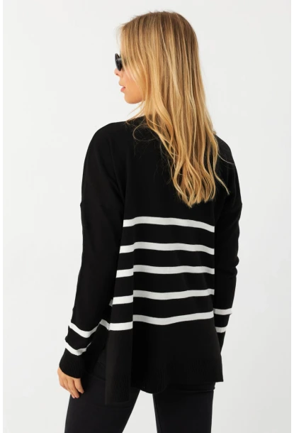 Kadın Siyah-Ekru V Yaka Çizgili Triko Kazak MYİL550