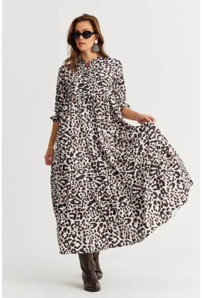 Kadın Siyah-Ekru Volanlı Desenli Maxi Elbise YLE14