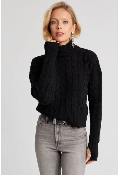 Kadın Siyah Eldivenli Triko Kazak MİW1318