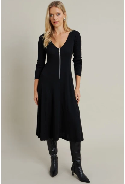 Kadın Siyah Fermuar Detaylı Midi Elbise EY3005