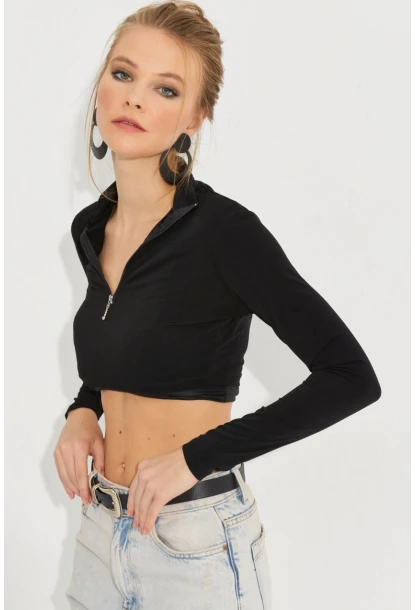 Kadın Siyah Fermuarlı Crop Bluz MEN2020