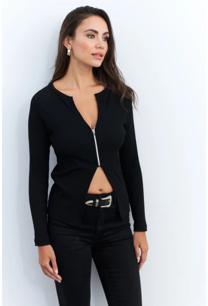 Kadın Siyah Fermuarlı Kaşkorse Bluz EY2954