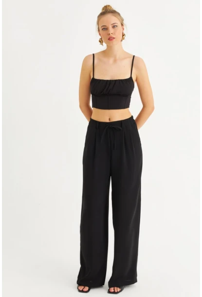 Kadın Siyah Fermuarlı Palazzo Pantolon MON143