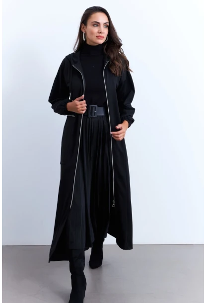 Kadın Siyah Fermuarlı Taşlı Sweat Elbise MASF21