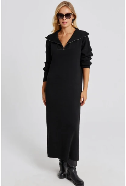 Kadın Siyah Fermuarlı Triko Maxi Elbise SF2525