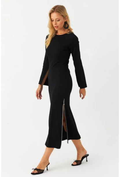 Kadın Siyah Fermuarlı Yırtmaçlı Kaşkorse Midi Elbise EY2990