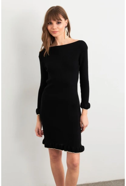 Kadın Siyah Fırfırlı Basic Triko Midi Elbise SF2559