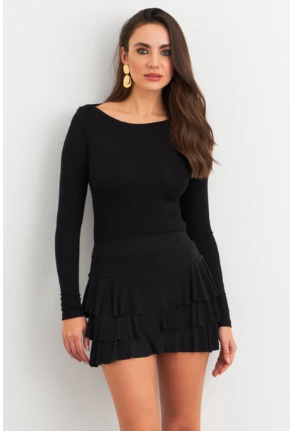 Kadın Siyah Fırfırlı Şort Etek ELT3915