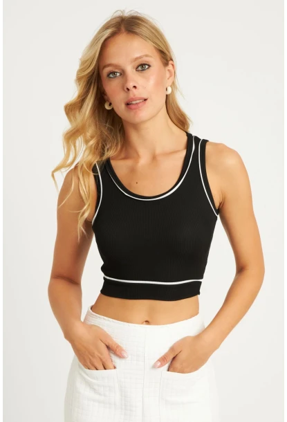 Kadın Siyah Fitilli Crop Bluz CG359