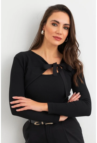 Kadın Siyah Fiyonklu Kaşkorse Bluz MEY3030