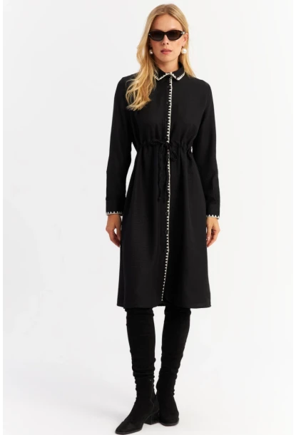 Kadın Siyah Garnili Gömlek Midi Elbise MASF10