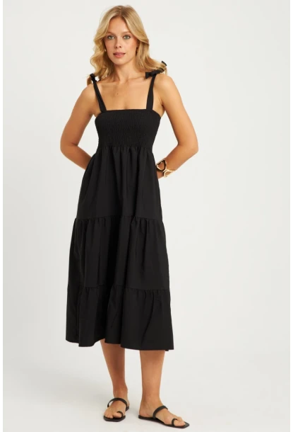 Kadın Siyah Gipeli Volanlı Midi Elbise SGT407