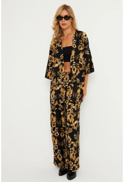 Kadın Siyah-Gold Desenli Bürümcük Alt Üst  Takım LON3004