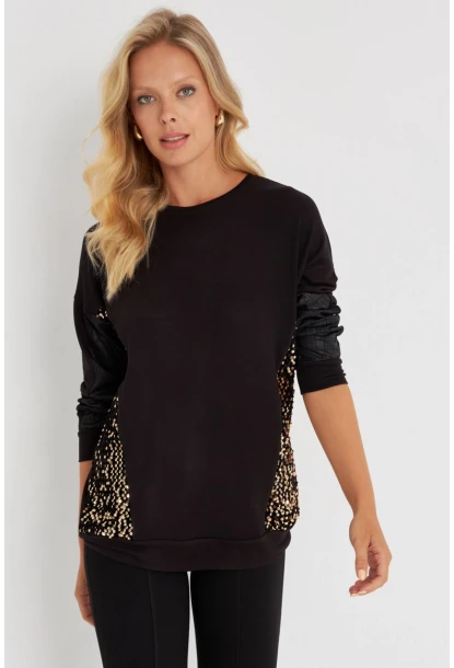 Kadın Siyah-Gold Payetli Uzun Bluz ST3124