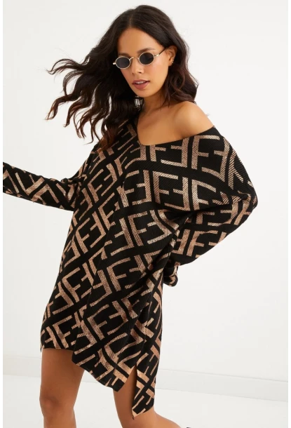 Kadın Siyah-Gold Varaklı Triko Tunik Elbise TD122