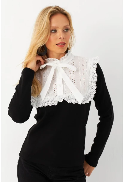 Kadın Siyah Gömlek Bloklu Triko Bluz MQS2117